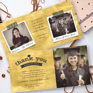 Black Gold Sketch Typography Graduation Cap Photo Thank You Card
