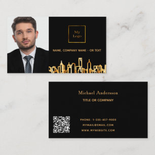 Black gold skyline real estate photo QR code logo Business Card