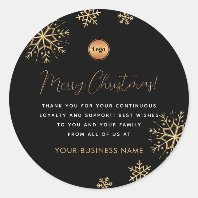 Black Gold Snowflake Custom Company Logo Christmas Classic Round Sticker (Front)