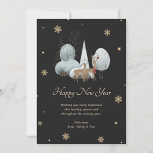 Black Gold Snowflake Reindeer Happy New Year Card