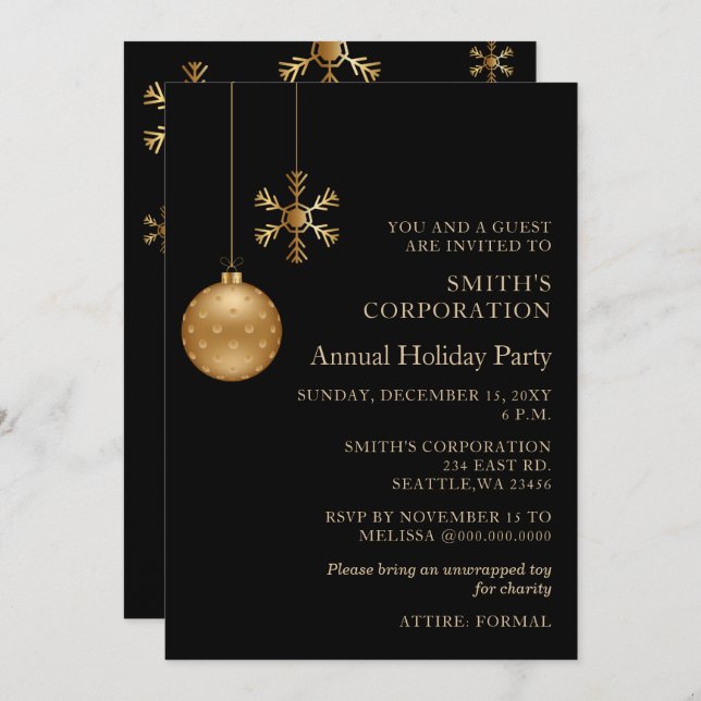 Black Gold Snowflakes Corporate Holiday Party Invitation (Front/Back)