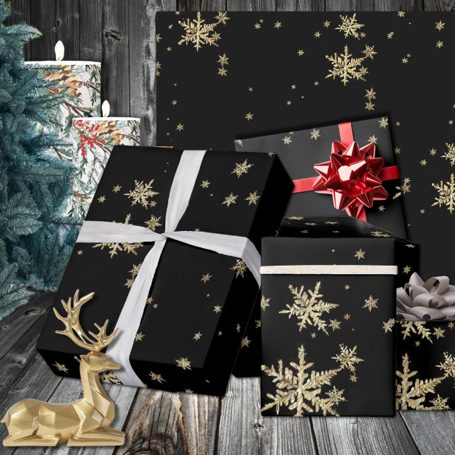 Black & Gold Snowflakes Dramatic Holiday Wrapping Paper (Black & Gold Snowflakes On Black Dramatic Holiday Wrapping Paper)