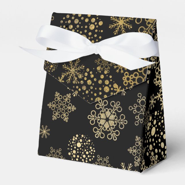 Black & Gold Snowflakes Holiday Party Favour Boxes (Front Side)