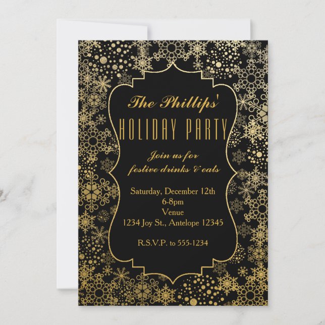 Black & Gold Snowflakes Modern Holiday Invitations (Front)