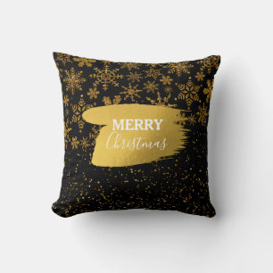 Black & Gold Snowflakes Stars Merry Christmas Cushion