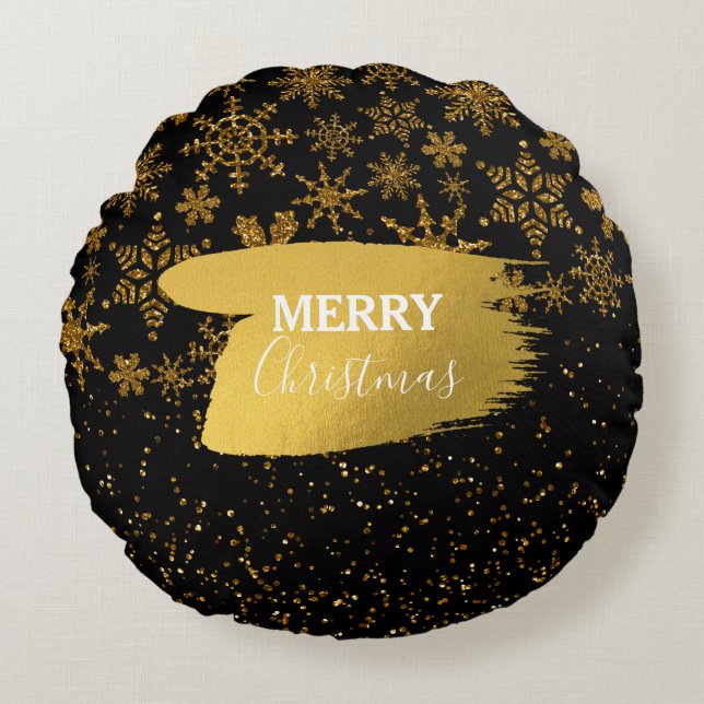 Black & Gold Snowflakes Stars Merry Christmas  Round Cushion (Front)