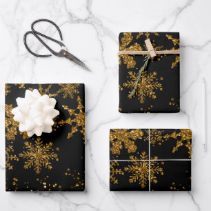 Black & Gold Snowflakes Stars Merry Christmas Wrapping Paper Sheet