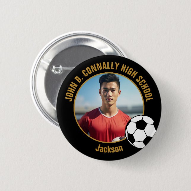 Black Gold Soccer Player Photo High School 6 Cm Round Badge (Front & Back)