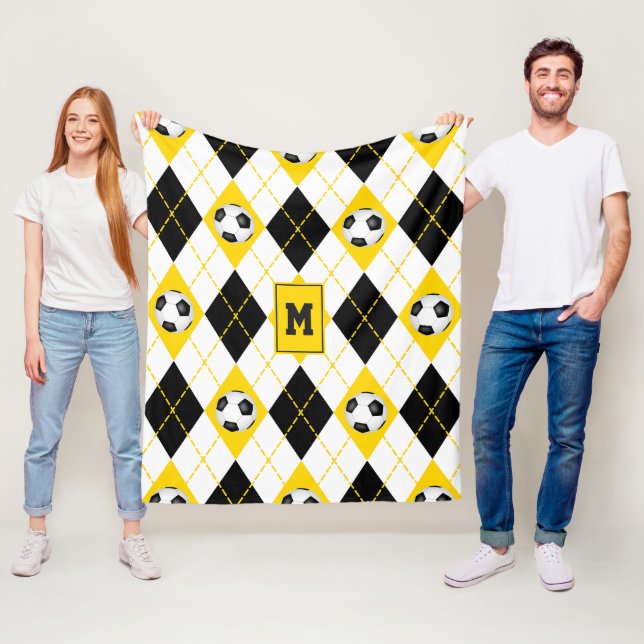 black gold soccer team colours argyle pattern fleece blanket (In Situ)