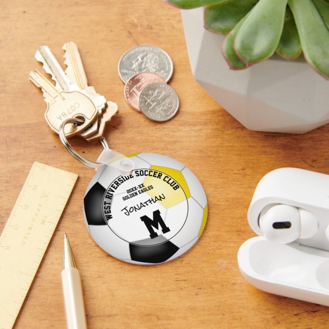 black gold soccer team colours gifts boys girls key ring (Desk)