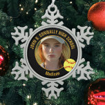 Black Gold Softball Player Photo High School Snowflake Pewter Christmas Ornament<br><div class="desc">This cool customized high school softball player photo gift features gold typography of your team and player name on a snowflake Christmas ornament with a ball on a black background. Personalize with your student's photograph and class year as a proud sports parent.</div>