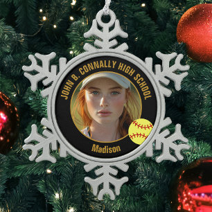 Black Gold Softball Player Photo High School Snowflake Pewter Christmas Ornament