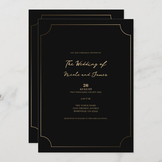 Black & Gold Sophisticated Minimal Wedding Invitation (Front/Back)