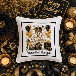 Black Gold Sparkle 30th Birthday Party Decor Pillo Cushion