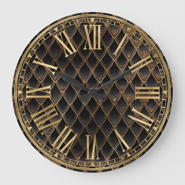 Black & Gold Sparkle Dragon Scales Large Clock (Front)