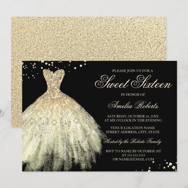 Black Gold Sparkle Dress Sweet Sixteen Invitation (Front/Back)