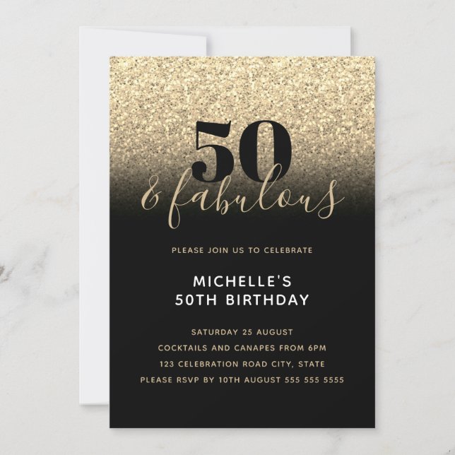 Black Gold Sparkle Faux Glitter 50th Birthday Invitation (Front)