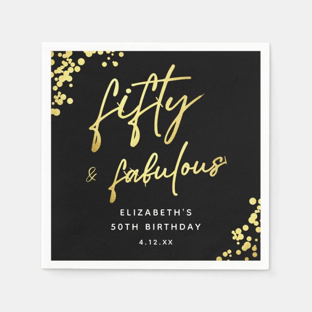 Black Gold Sparkle Fifty and Fabulous Birthday Napkin (Front)
