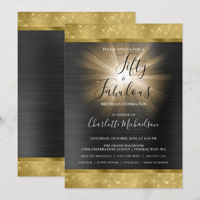 Black Gold Sparkle Glam Fifty & Fabulous Birthday Invitation (Front/Back)