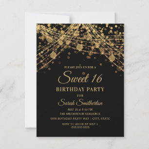 Black Gold Sparkle Glitter String Lights Sweet 16 Invitation