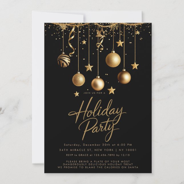 Black Gold Sparkle Ornaments Christmas Party Invitation (Front)