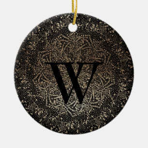 Black Gold Sparkle Snowflake Monogram Winter Ceramic Tree Decoration
