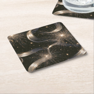 Black Gold Sparkle Stars Square Paper Coaster