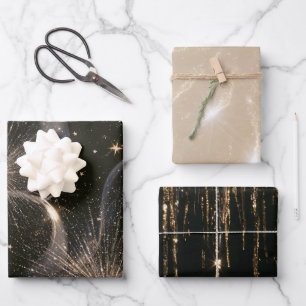 Black Gold Sparkle Stars Wrapping Paper Sheet