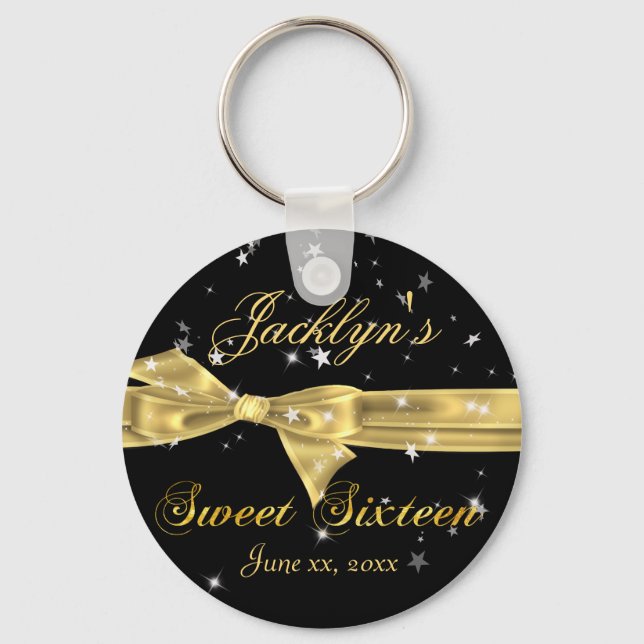 Black, Gold Sparkle Sweet Sixteen Party Favor Key Ring (Front)
