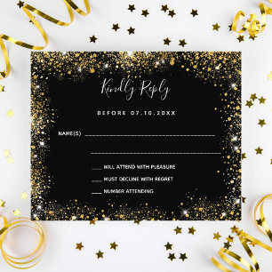 Black gold sparkles budget wedding RSVP Flyer