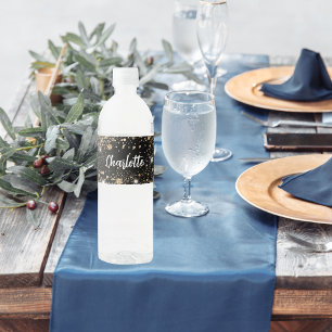 Black gold sparkles name script water bottle label