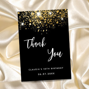 Black gold sparkles script thank you card
