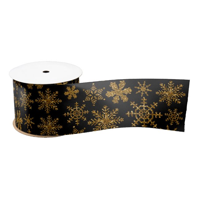 Black & Gold Sparkling Christmas Snowflakes Satin Ribbon (Spool)