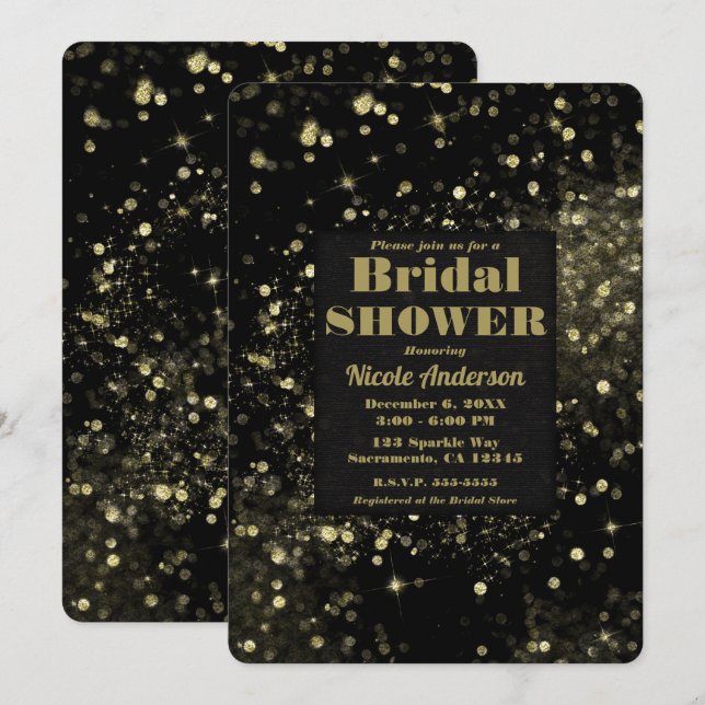 Black & Gold Sparkling Lights Glam Bridal Shower Invitation (Front/Back)