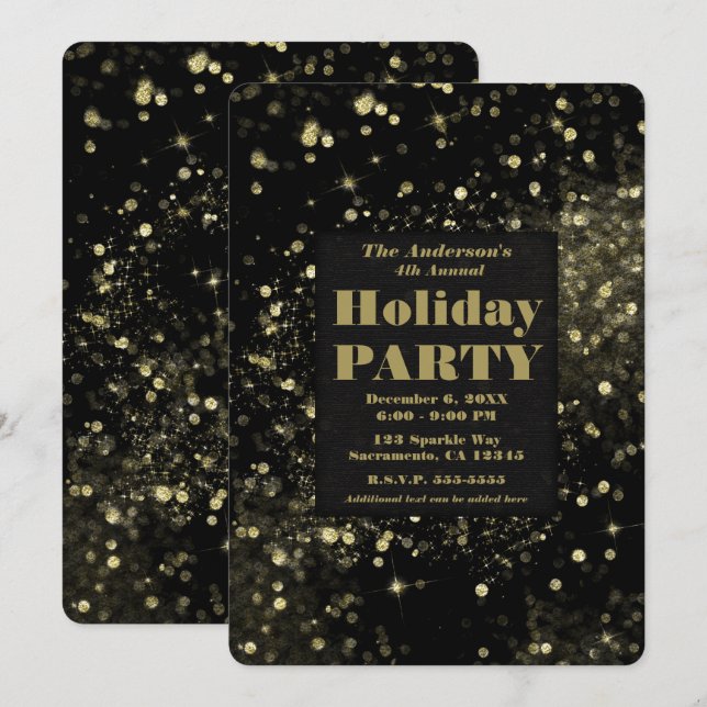 Black & Gold Sparkling Lights Glam Holiday Party Invitation (Front/Back)