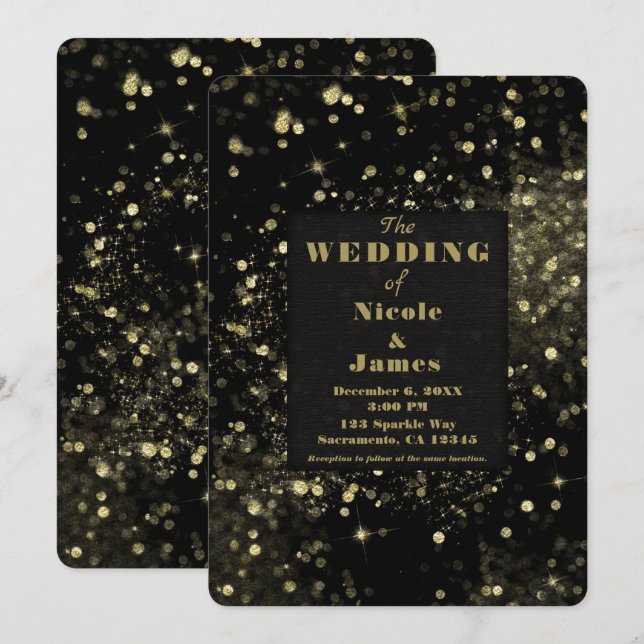 Black & Gold Sparkling Lights Glam Wedding Invitation (Front/Back)