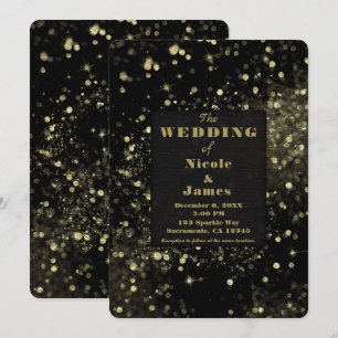 Black & Gold Sparkling Lights Glam Wedding Invitation