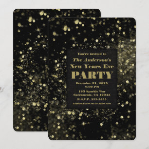 Black & Gold Sparkling Lights New Years Eve Party Invitation