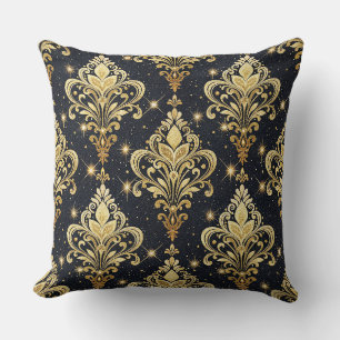 Black & Gold Sparkling Royal Floral Damask Pattern Cushion