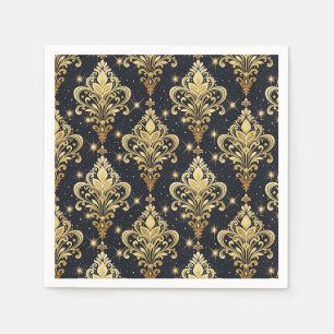 Black & Gold Sparkling Royal Floral Damask Pattern Napkin