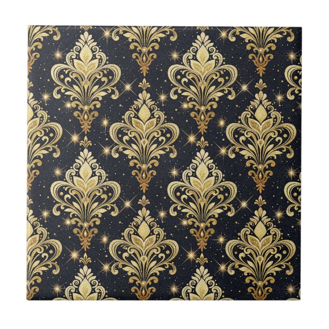 Black & Gold Sparkling Royal Floral Damask Pattern Tile (Front)