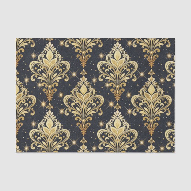 Black & Gold Sparkling Royal Floral Damask Pattern Tissue Paper (Front)