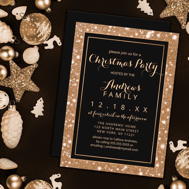 Black Gold Sparkly Glitter Bling Christmas Party Invitation (Creator Uploaded)