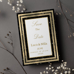 Black gold sparkly glitter confetti Save the Date Invitation