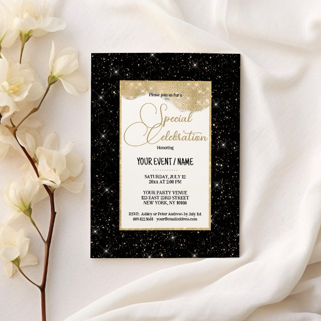 Black gold sparkly glitter luxury Special Event Invitation (Black gold sparkly glitter luxury Special Event)