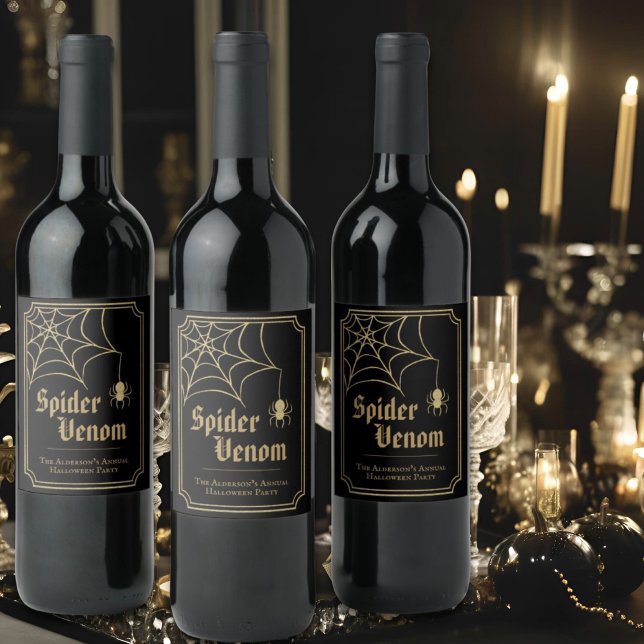 Black Gold Spiderweb Spider Venom Halloween Party Wine Label (Creator Uploaded)
