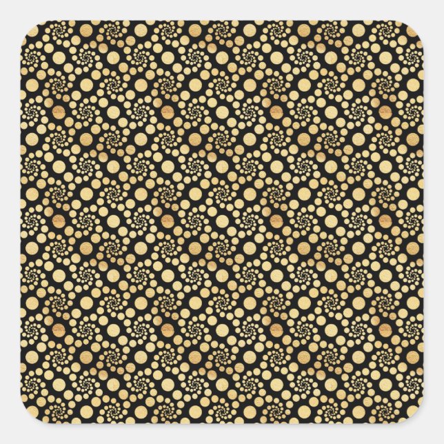 Black Gold Spiral Dots Repeating Pattern Square Sticker (Front)