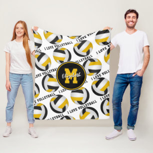 black gold sports room I love volleyball pattern Fleece Blanket
