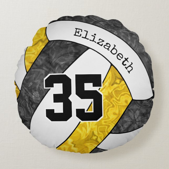 black gold sports team colours girls volleyball round cushion (Front)