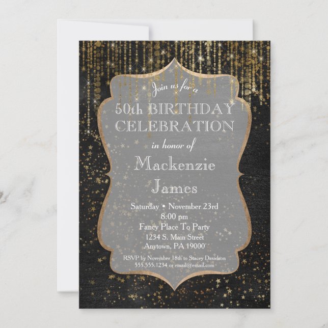 Black Gold Star Bling Birthday Party Invitation (Front)